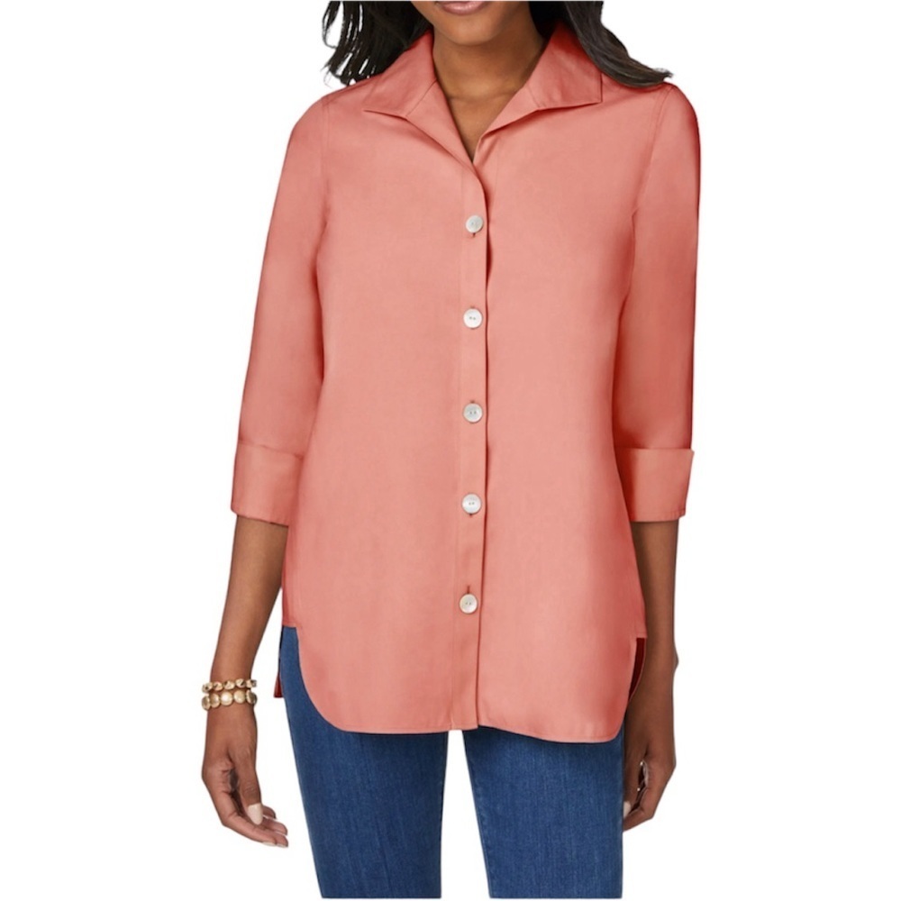 Foxcroft Pandora No Iron Cotton Shirt Taylor Fitted 3/4 Cuffed Sleeve Size 2